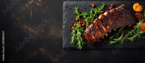 A flavorful dish of spice rubbed grilled pork ribs laid on a rustic stone backdrop offering a perfect spot for your text. Copyspace image