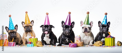 A French bulldog wearing a party cone sits near wrapped gifts on a white background creating a cheerful and festive copy space image © StockKing