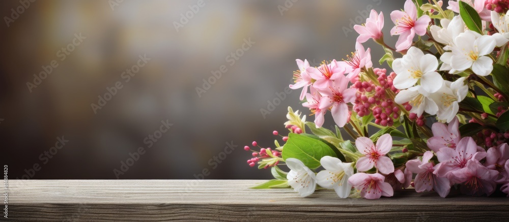 Fresh spring flowers decoration on a wooden desk with ample copy space image Fresh spring flowers decoration on a wooden desk with ample copy space image