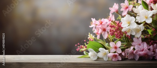 Fresh spring flowers decoration on a wooden desk with ample copy space image