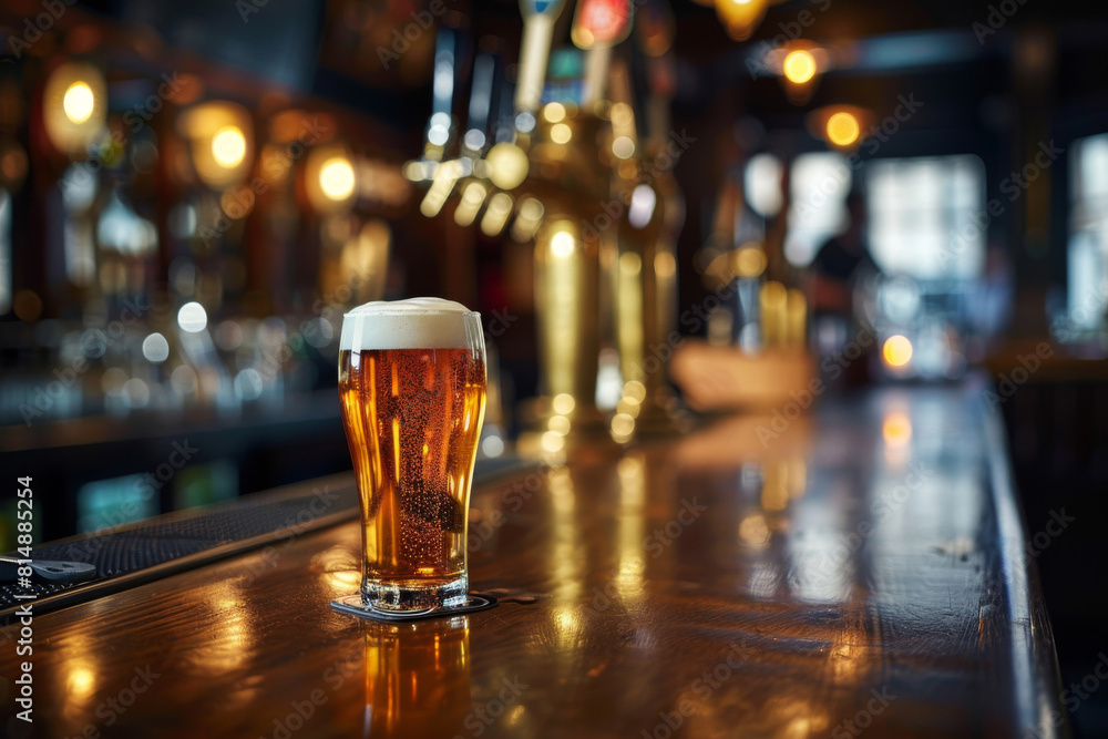 Full beer glass with frothy head stands invitingly on a wooden bar counter, with blurred tavern background highlighting the amber brew Full beer glass with frothy head stands invitingly on a wooden bar counter, with blurred tavern background highlighting the amber brew