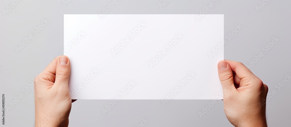 An isolated hand holds a blank paper providing ample copy space for text or images An isolated hand holds a blank paper providing ample copy space for text or images
