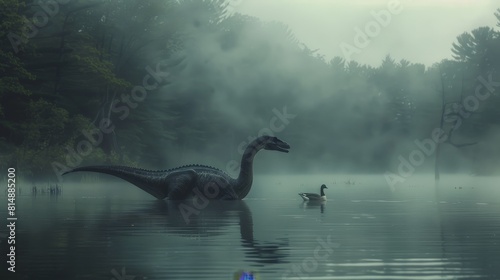 Serene lake scene with a dinosaur and a goose in a foggy forest