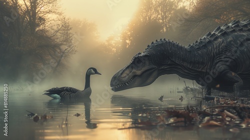 Dinosaur approaches a goose in a misty lake with autumn leaves