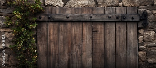 A black hinge secures a new wooden plank gate against a backdrop of a stone wall providing ample copy space photo