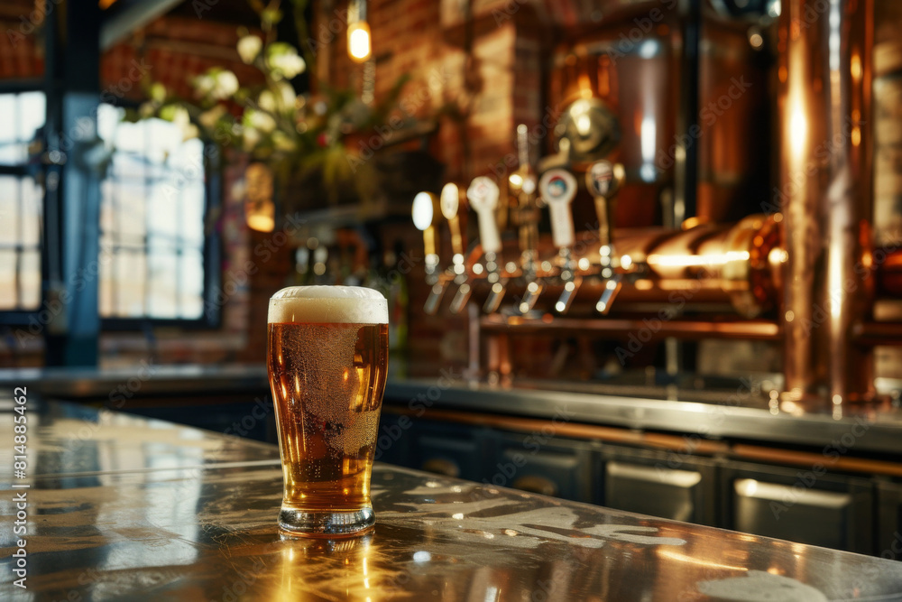 Refreshing glass of beer with a frothy head rests on a bar counter, with brewery taps in the background ambiance Refreshing glass of beer with a frothy head rests on a bar counter, with brewery taps in the background ambiance