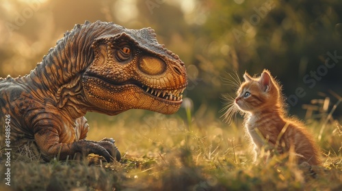 Detailed close-up of a T-Rex dinosaur and a small kitten facing each other in a grassy field at