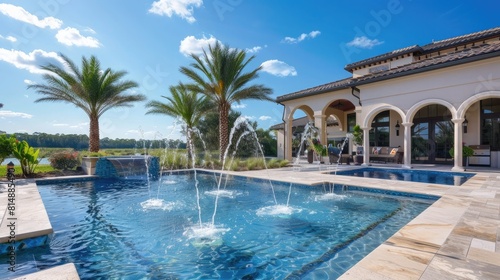Beautiful home exterior and large swimming pool on sunny day with blue sky. Features series of water jets forming arches. © Ammar