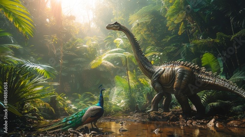 Majestic peacock and towering dinosaur in a misty jungle near a stream at sunrise © Sippung