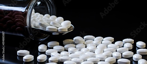 A macro image displaying white medical capsules of glucosamine chondroitin healthy supplement pills arranged on a dark background with a plastic spoon Also there is copy space in the image photo