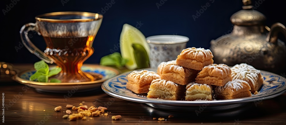 Turkish national desserts accompanied by a cup of coffee are captured in a close up copy space image Turkish national desserts accompanied by a cup of coffee are captured in a close up copy space image