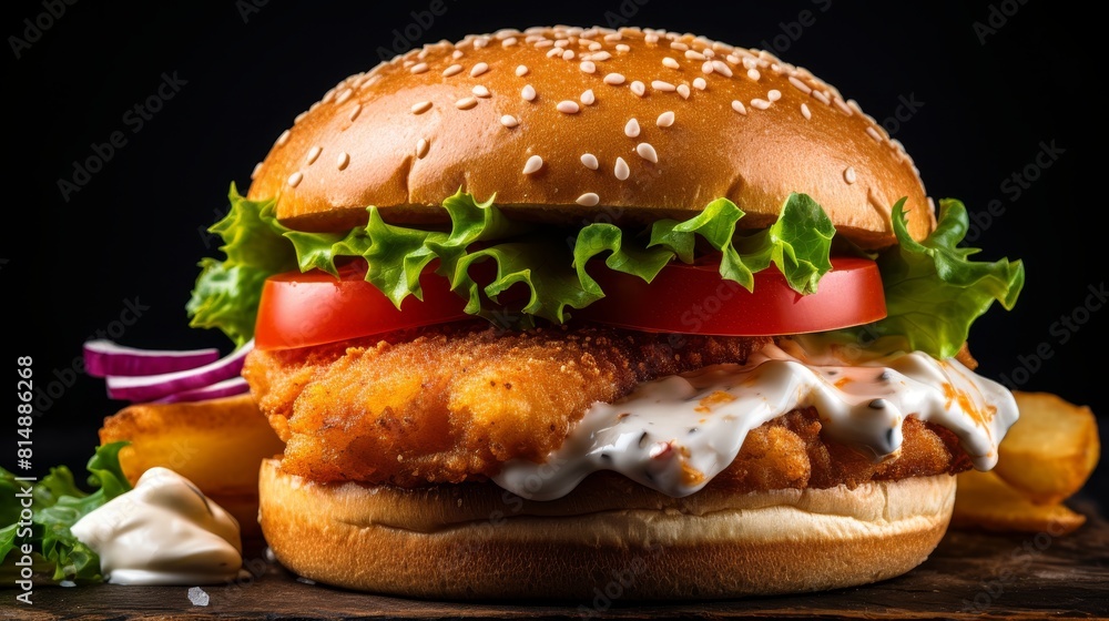 Crispy panko breaded fish burger with homemade tartar sauce and fresh vegetables Crispy panko breaded fish burger with homemade tartar sauce and fresh vegetables