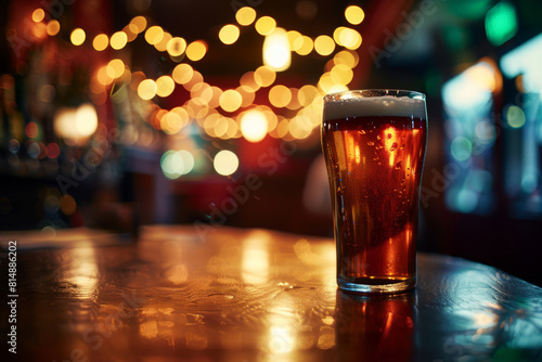 Single glass of amber craft beer sits on a polished bar counter with warm, bokeh lights creating an inviting atmosphere