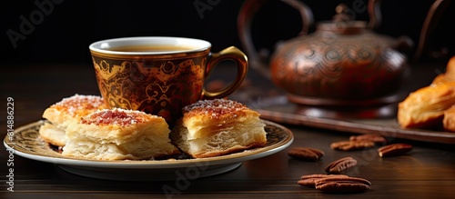 Turkish national desserts accompanied by a cup of coffee are captured in a close up copy space image