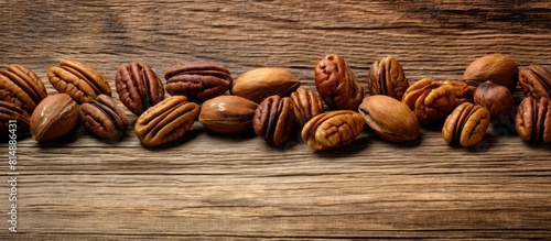 Copy space image of pecan nuts on a rustic wooden background showcasing the dry fruit s wholesome appeal as a versatile ingredient for food and drink recipes