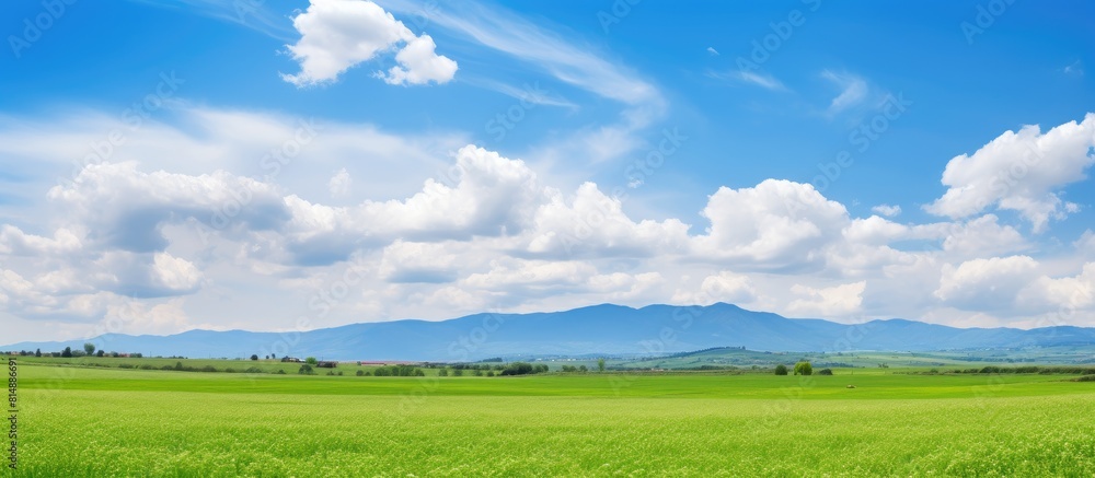 A picturesque countryside scene with mountains a clear blue sky and fluffy white clouds above a verdant farmland field Perfect for a copy space image on a sunny spring day A picturesque countryside scene with mountains a clear blue sky and fluffy white clouds above a verdant farmland field Perfect for a copy space image on a sunny spring day
