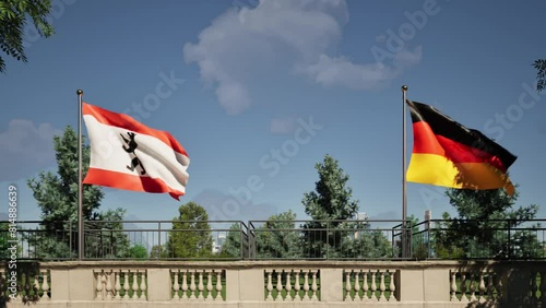 Modellazione 3D e video di un balcone storico con bandiera Germania e Berlino al vento photo