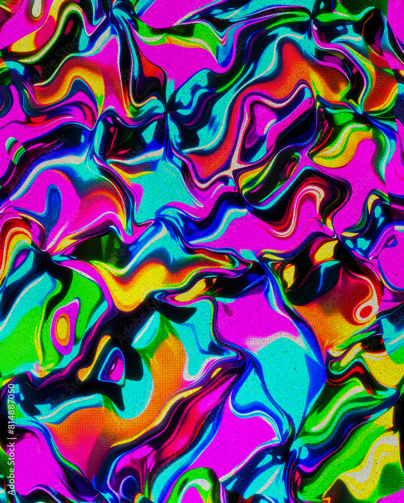 Color Field Painting - Vibrant psychedelic wavy pattern - This image features intense, multicolored wavy patterns creating a psychedelic effect reminiscent of the 1960s and 70s visual art styles.