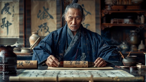Japanese anthropologist researching the art of calligraphy in Japanese culture photo