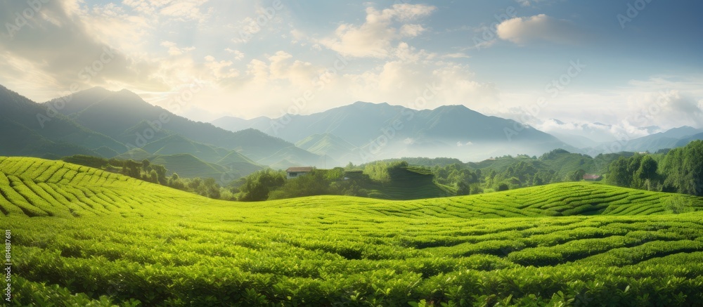 Fototapeta premium A scenic view of a tea field with beautiful natural scenery. Copyspace image