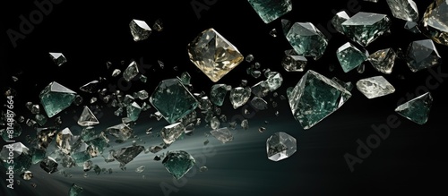 Scattered diamonds on a black background Raw diamonds and mining a scattering of natural diamond stones Graphite quartz Natural stones and minerals Stone green Emerald beryl A striking copy space ima