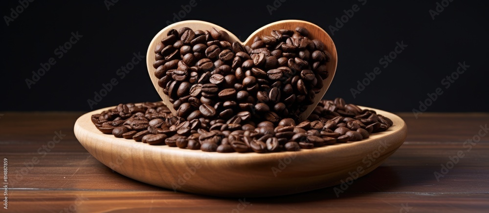 A heart shaped arrangement of coffee beans sits on a wooden dish capturing the essence of Valentine s Day The background is a wooden circle dish with isolated white copy space enabling the focus to b A heart shaped arrangement of coffee beans sits on a wooden dish capturing the essence of Valentine s Day The background is a wooden circle dish with isolated white copy space enabling the focus to b