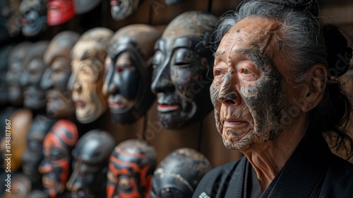 Japanese anthropologist studying the symbolism of masks in Noh theater photo