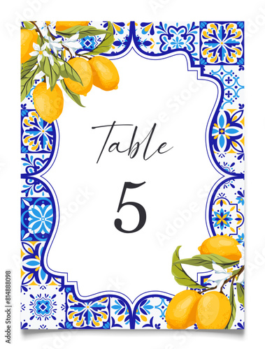 Blue tiles and lemon wedding table card, vector.