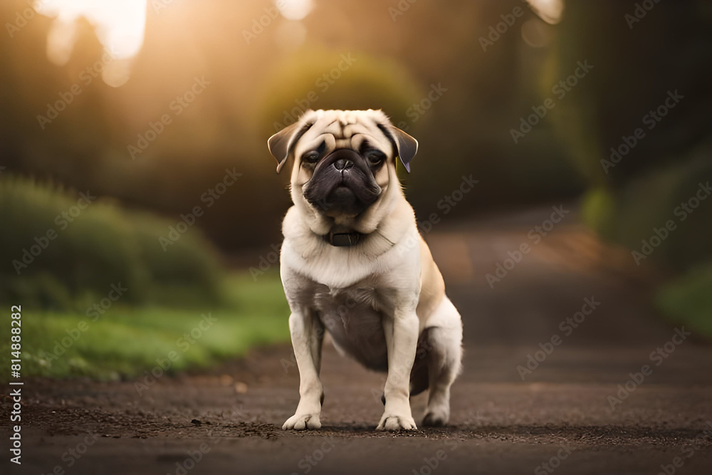 Small dog in nature. Funny pug in a warm sweater walks in the autumn park.