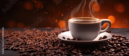 An image showing a cup of espresso coffee with coffee beans surrounding it. Copyspace image