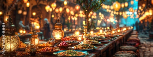 A table full of food and lanterns with people around it