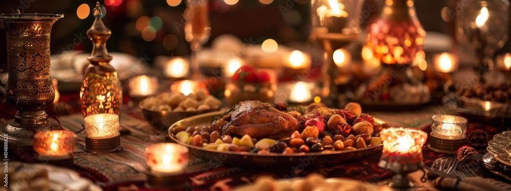 A table is set with a variety of food, including a large turkey, and lit candles A table is set with a variety of food, including a large turkey, and lit candles