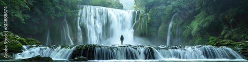 Waterfall Wonder  A person standing near a majestic waterfall with eyes closed  arms outstretched  feeling the refreshing mist and the power of nature