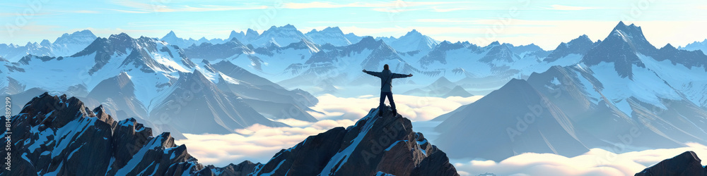 Mountain Triumph: A hiker reaching the summit of a mountain with closed eyes, arms outstretched in triumph, feeling the cool mountain breeze and savoring the accomplishment.