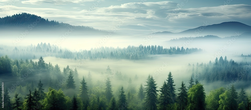 Beautiful natural landscape in the summer time with a mist covered forest serving as a captivating background for a copy space image