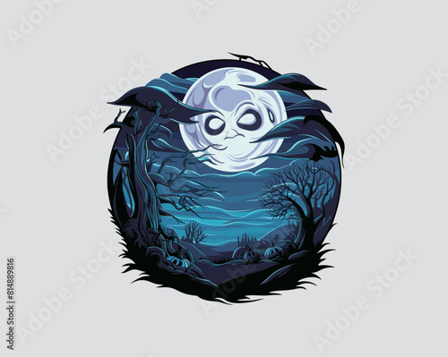 Spooky moon over the landscape with twisted trees, Generative AI