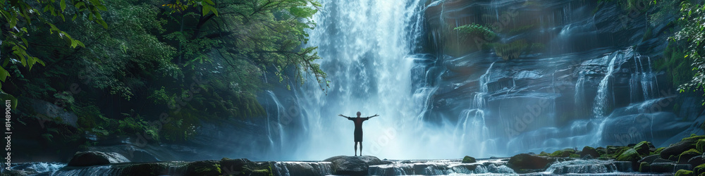 Blissful Reflection: A person standing near a majestic waterfall with eyes closed, arms outstretched, feeling the refreshing mist and the power of nature. Blissful Reflection: A person standing near a majestic waterfall with eyes closed, arms outstretched, feeling the refreshing mist and the power of nature.