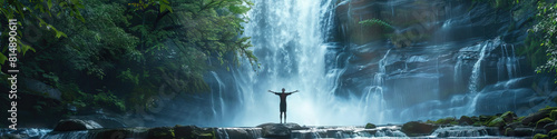 Blissful Reflection  A person standing near a majestic waterfall with eyes closed  arms outstretched  feeling the refreshing mist and the power of nature.