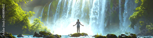 Blissful Reflection: A person standing near a majestic waterfall with eyes closed, arms outstretched, feeling the refreshing mist and the power of nature.