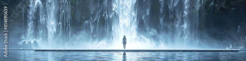 Blissful Reflection  A person standing near a majestic waterfall with eyes closed  arms outstretched  feeling the refreshing mist and the power of nature.