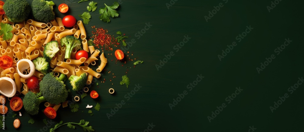 A top view image of pasta with broccoli pepper and onion with copy space A top view image of pasta with broccoli pepper and onion with copy space