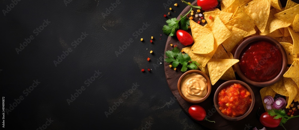 Top view of Mexican corn chips nachos with sauces on a dark background providing ample copy space for images
