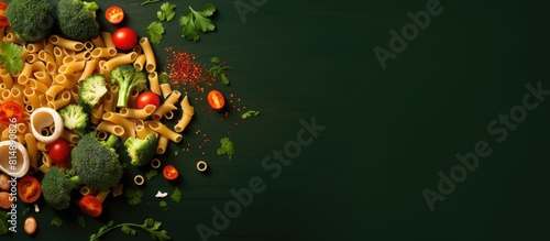 A top view image of pasta with broccoli pepper and onion with copy space