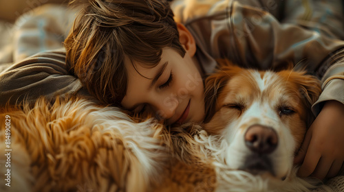 A heartwarming photo realistic portrayal of a boy with autism enjoying playtime with his therapy dog, showcasing the joy, support, and comfort that animal companions provide in a t photo