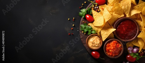 Top view of Mexican corn chips nachos with sauces on a dark background providing ample copy space for images © StockKing
