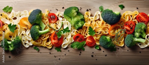 A top view image of pasta with broccoli pepper and onion with copy space