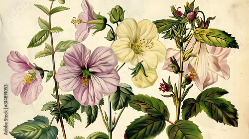 vintage botanical print featuring a variety of colorful flowers and leaves  including pink  purple  yellow  and white blooms  as well as green leaves