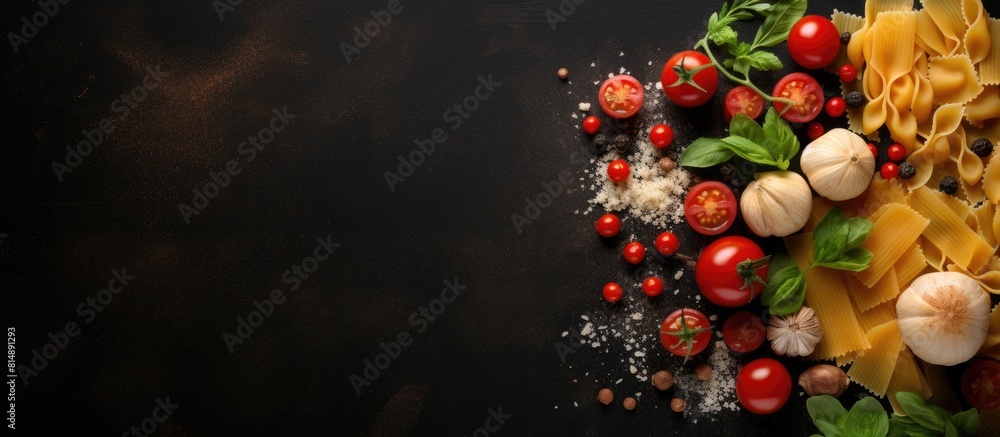 A top view of the various ingredients needed to cook Italian pasta including farfalle pasta red chili peppers cherry tomatoes basil black pepper garlic and parmesan cheese They are displayed on a dar