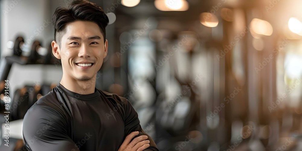 Fototapeta premium Asian male fitness trainer in gym smiling at camera promoting healthy lifestyle. Concept Fitness Training, Healthy Lifestyle, Gym Workout, Asian Male, Smiling Portrait