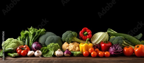 An assortment of fresh organic vegetables from a farmers market is displayed on a wooden table creating an appealing copy space image It promotes healthy vegetarian eating and highlights the variety